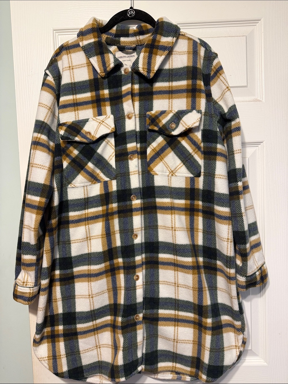 Ladies Plaid Button-Front fleece Shirt Jacket - White, Green & Gold